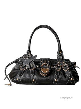 Ashioup Heart Lock Satchel PU Leather & Fabric Handbag